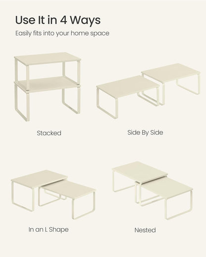 SONGMICS Cabinet Organizer Shelf, Set of 2 Kitchen Counter Shelves, Kitchen Storage, Spice Rack, Stackable, Expandable, Metal and Engineered Wood, Cream White UKCS002W02