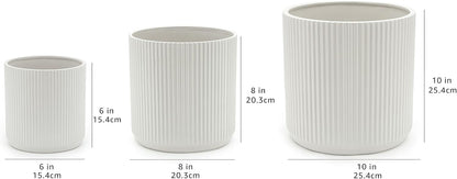 Amazon Basics Assorted Sizes Fluted Ceramic Round Indoor Outdoor Planters with Drainage, Set of 3, Modern Design, 6 inch, 8 inch, 10 inch, White