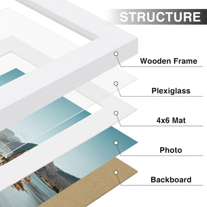 Vittanly 5x7 Picture Frames Set of 9, Shatter Resistant Plexiglass, Display 4x6 Pictures with Mat or 5x7 without Mat, Photo Frames for Wall or Tabletop, Engineered Wood, White