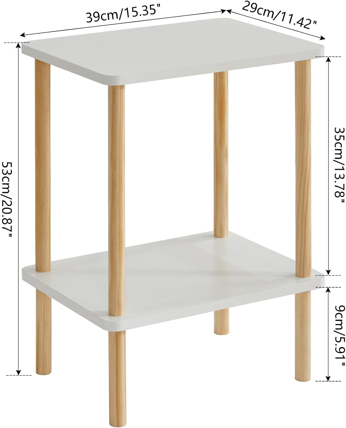 IBUYKE 2-Tier Side Table, Solid Wood Tall End Table with Storage Shelves, Nightstand Bedside Table for Living Room Bedroom Office, No-Tool Assembly, White UWST002W