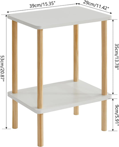 IBUYKE 2-Tier Side Table, Solid Wood Tall End Table with Storage Shelves, Nightstand Bedside Table for Living Room Bedroom Office, No-Tool Assembly, White UWST002W
