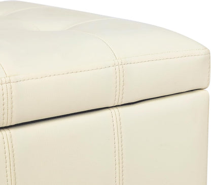 Adeco Faux Leather Storage Ottoman with Hinged Lid, 17.5 Inch High Cream White Square Cube Foot Stool with Storage, Upholstered Vanity Stool with Solid Wood Legs for Living Room, Bedroom, Dorm