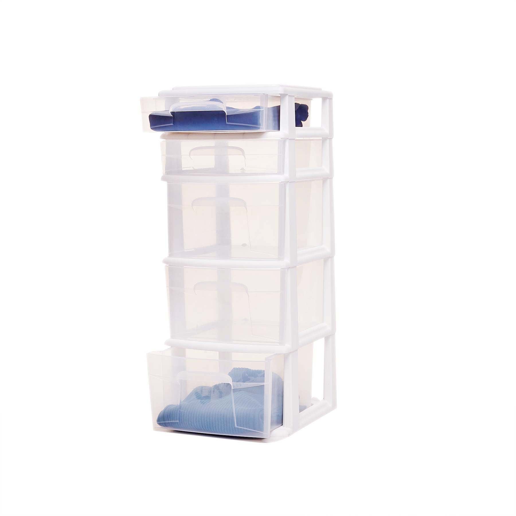HOMZ 2-Pack Drawer Tower, 5-Tier Clear Plastic Storage Organizer Unit, White Frame - Multi-Purpose