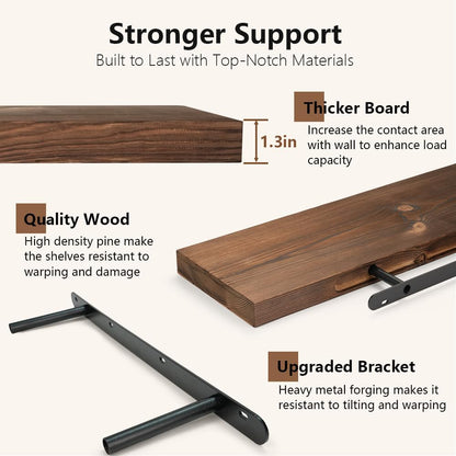 Habudda Floating Shelves Set of 2, Natural Pine Wood Shelf for Bathroom Bedroom Kitchen, 30 inch Long, Rustic Decor, Walnut