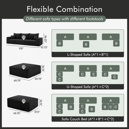 Boneless Sectional Cloud Couch Sofa Bed for Living Room, 112" Modular Modern Lounge 3 Seater Sleeper Black Couches with Chaise, No Assemble, Cordury Compression Upholstered Sofas