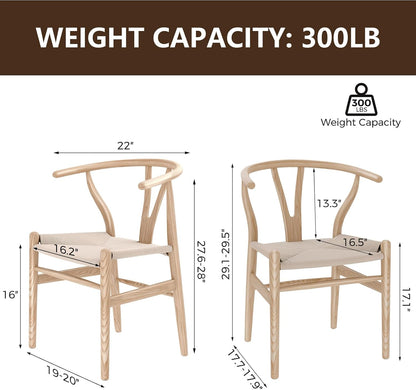 Wishbone Chair Natural Solid Wood Dining Chair/Hans Vegner Y Chair Rattan and Wood Accent Armrest Chair (Ash Wood + Natural Wood Color)