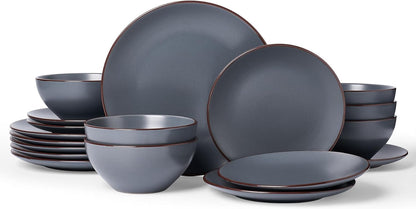 Famiware Venus Plates and Bowls Sets, 18 Pieces Stoneware Dinnerware Sets, Speckled Dishes Set for 6, Microwave and Dishwasher Safe, Matte Charcoal