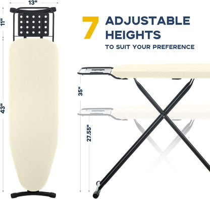 Ironing Board Full Size, RAINHOL Compact Iron Board with Iron Rest, Heat Resistant Cover with Ultra Thick Padding, Height Adjustable Heavy Duty for Home, Dorm, 43x13 Ivory