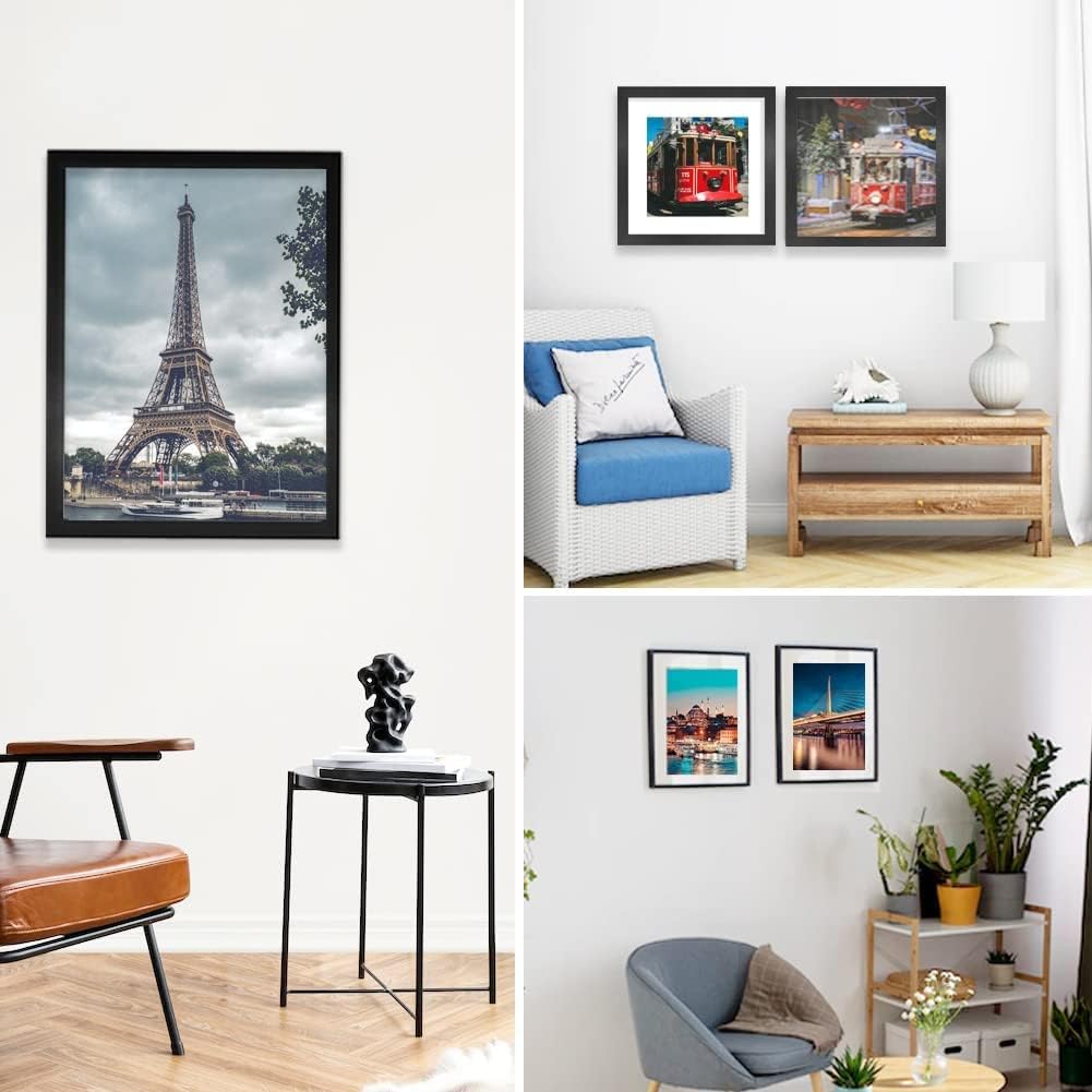 8x8 Picture Frame Set of 6, Display Pictures 5x5 with Mat or 8x8 Without Mat for Wall Mounting or Table Top Display,Black