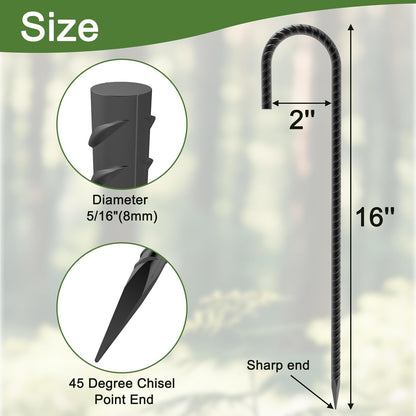16" Ground Rebar Stakes Heavy Duty J Hook Ground Anchors, 5/16 inch Curved Steel Tent Stakes Anti Rust Steel Ground Stakes for Chain Link Wire Fencing, Pack of 40, Black