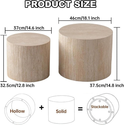 Nesting Coffee Table Set of 2 Modern Small Round Coffee Table and End Table Sets Wooden Drum Side Tables Circle Accent Center Tables for Living Room Apartment,No Assembly,Travertine