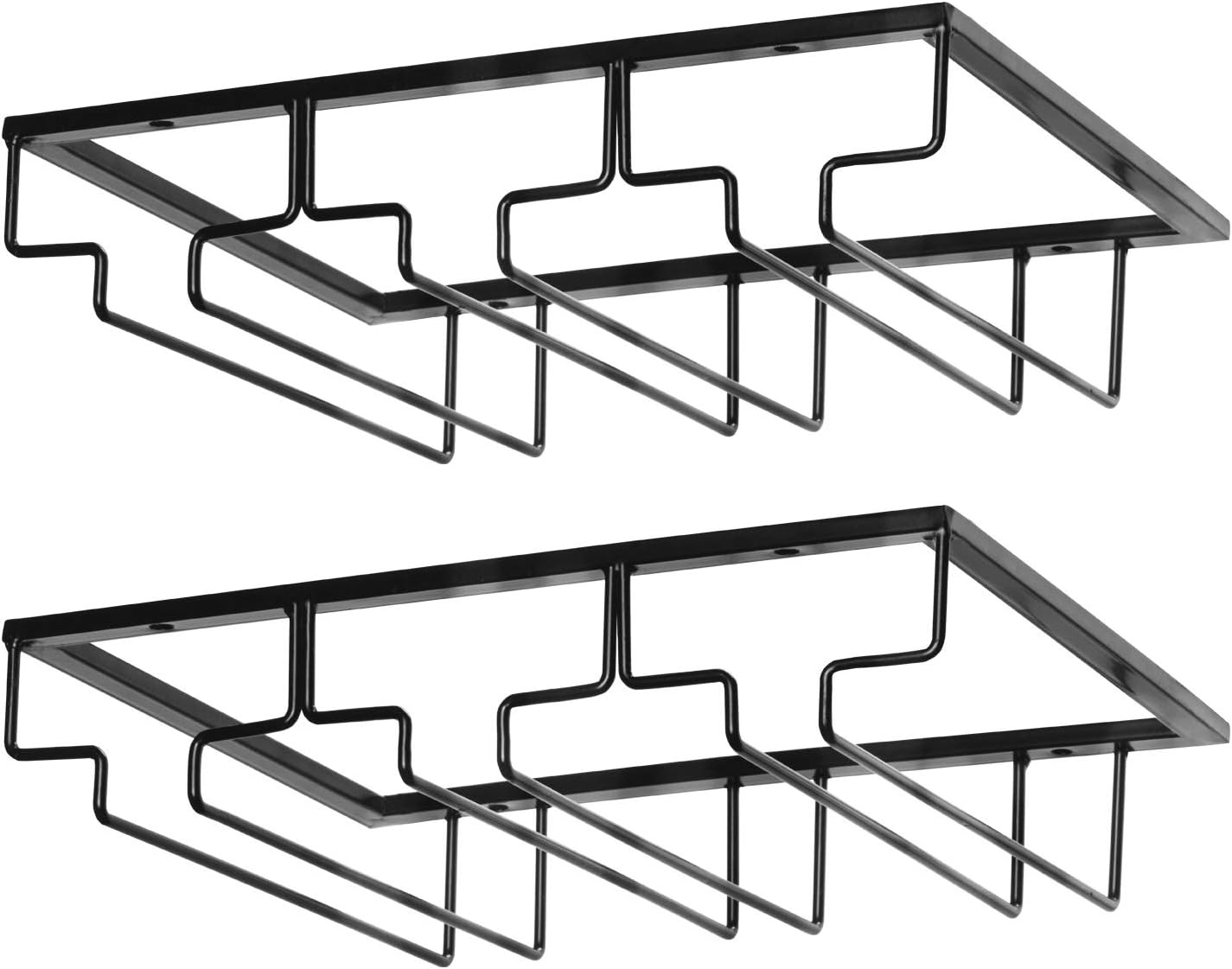 Wine Glass Rack - Under Cabinet Stemware Wine Glass Holder Glasses Storage Hanger 2 Pack Metal Organizer for Bar Kitchen Black