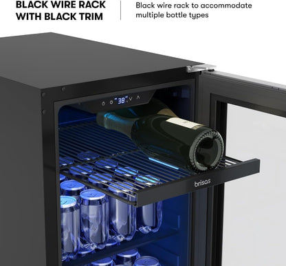 Zephyr Brisas 15 Inch Slim Beverage Fridge Single Zone Under Counter - Narrow Mini Wine & Drink Cooler Small Cabinet Wine Refrigerator Home Bar Freestanding with Glass Door - 4 Bottles, 64 Cans