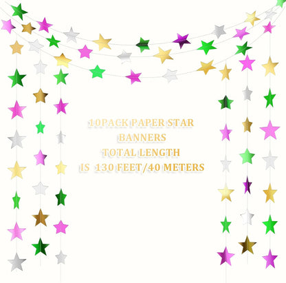 Patelai Glitter Star Garland Banner Decor 130 Feet Star Hanging Bunting Banner Twinkle Backdrop for Homecoming Classroom Wedding Birthday Halloween Christmas Party Supplies(Green,Pink,Gold,Silver)