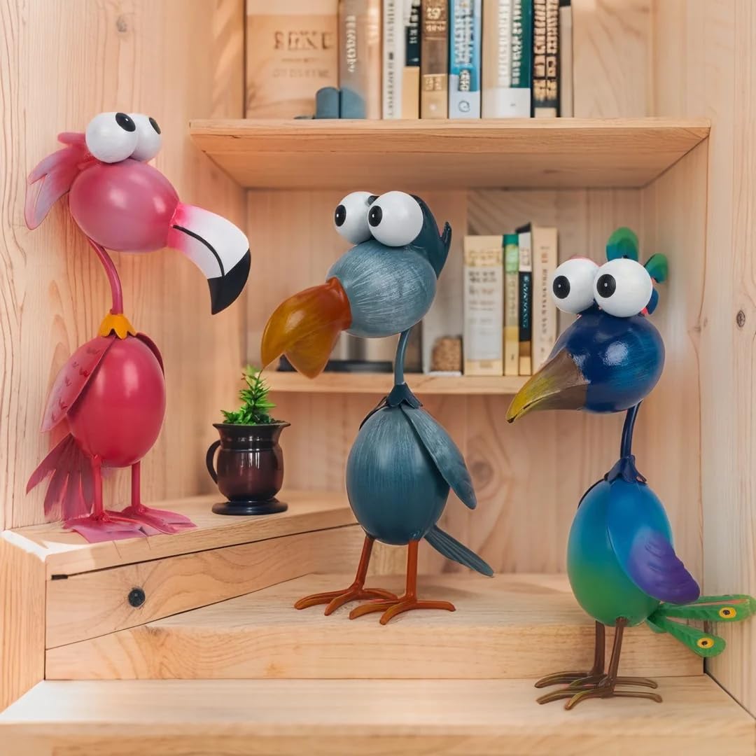 Kircust Outdoor Metal Bird Yard, Garden Decor for Outside Flamingo/Peacock/Pelican Decorations Art Statues, Lawn Ornaments for Courtyard, Patio, Backyard, Porch, Set of 3