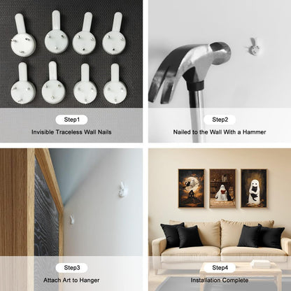 HPNIUB Halloween Ghost Framed Canvas Wall Art Set, Funny Black Cat Poster Artwork, Vintage Spooky Wall Decor, Dark Academia Moon Pictures for Bedroom Living Room Bathroom-16 x24 x3