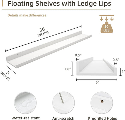 Picture Ledge Shelf, Wood Floating Shelves Set of 2, 36 inch Picture Ledge Shelves, Photo Ledge Nursery Book Shelves Wall Mounted for Living Room Kids' Room Bedroom, Color White