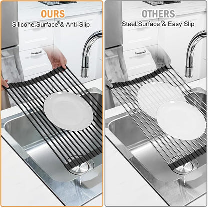 LEMIKKLE Roll Up Dish Drying Rack 17" x 13", Over The Sink Dish Drainer Rack, Foldable Sink Drying Rack, Anti-Slip Silicone Wrapped Dish Drainer for Kitchen Counter (Black)