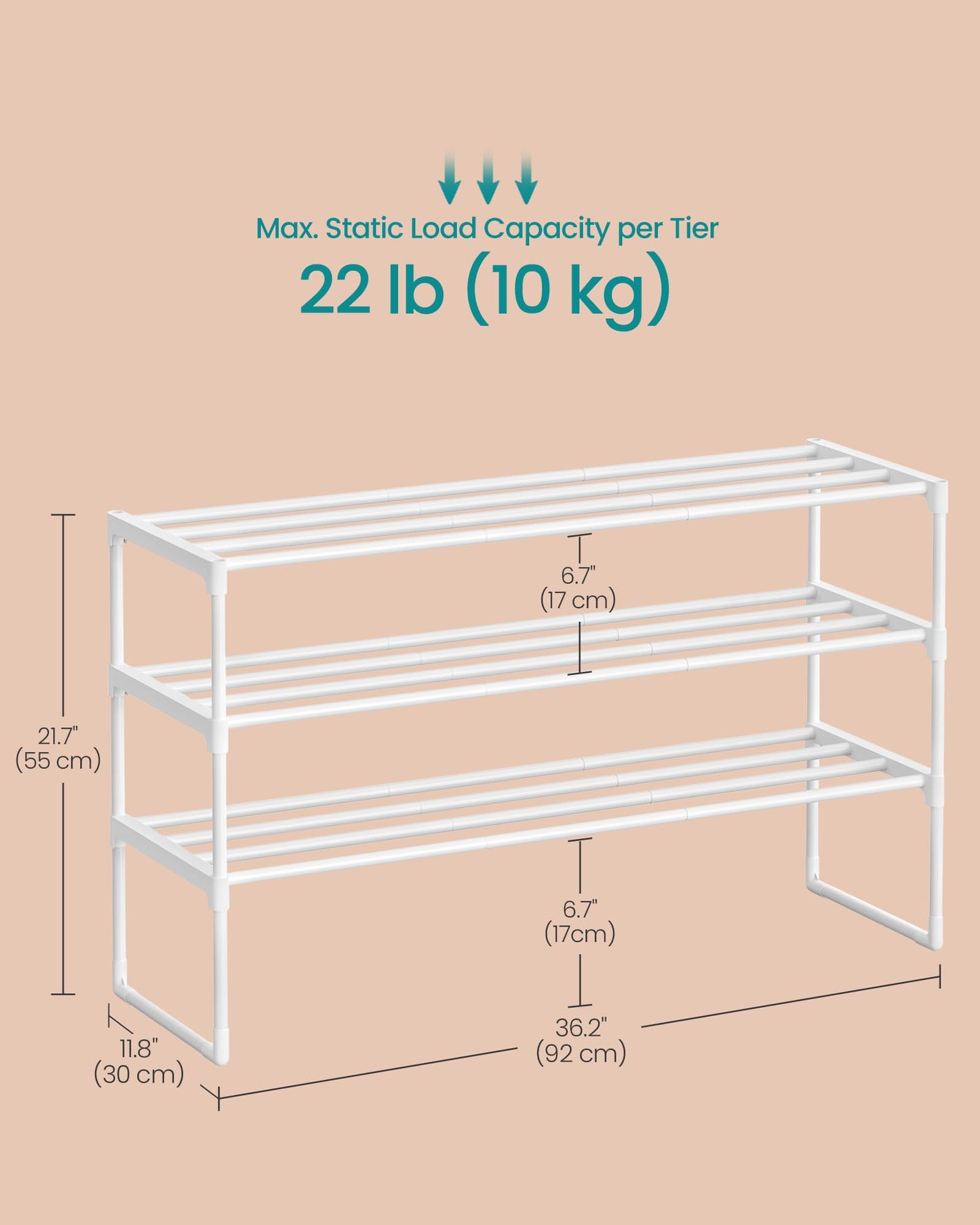 SONGMICS Shoe Rack, 3-Tier Shoe Organizer, Metal Storage Shelf, Upright or Upside Down, for 16-20