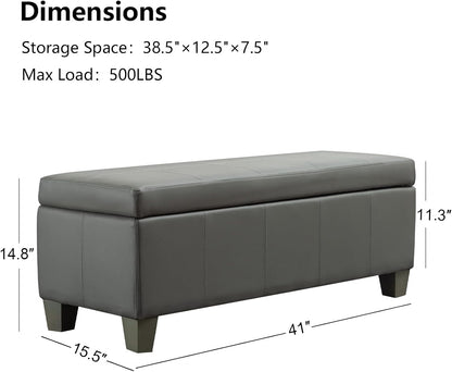 Grey Faux Leather Ottoman with Storage, Rectangular Extra Long Storage Bench for Bedroom and Living Room