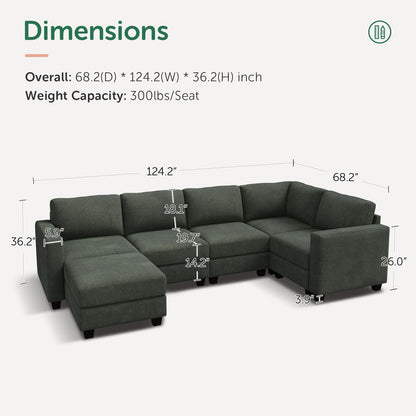 HONBAY U-Shaped Corduroy Sectional Couch with 6 Seaters Modular Sectional Sofa with Storage Sectional Couches for Living Room, Green