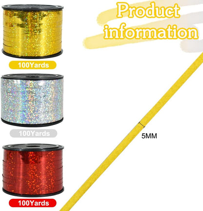 BEISHIDA 3 Pack 100 Yards Gold Silver Red Curling Crimped Glitter Ribbon Balloon String Shiny Metallic Gift Wrapping Ribbon Birthday Party Christmas Art Craft Decoration