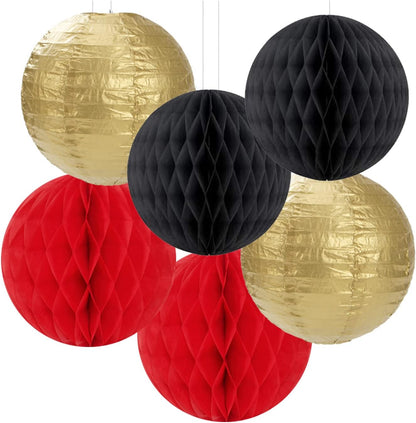 Red-Black Gold Party Decorations Streamers Lanterns - 14pcs Casino-Theme Graduation 2025 Paper Fan,Game Night Wedding Birthday Baby Bridal Shower Tissue Pom Poms,Honeycomb Balls Decor Ouruola