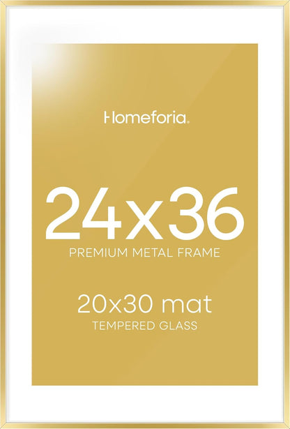 Homeforia 24x36 Gold Picture Frame, High End Metal 24 x 36 Large Poster Frames with Mat 20 by 30 inch Photo, 24x36 Gold Frame Matted to 20x30 for Print, 36x24 Frame, Tempered Glass, Wall Kit, Set of 1