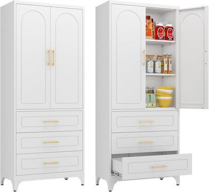 Kitchen Pantry Cabinet, 75" Tall Pantry Cabinet with Three Drawers, Freestanding Food Cupboard with Doors and Shelves, Metal Storage Cabinets for Dining, Living Room, White, Assembly Required