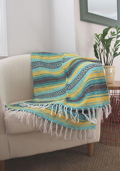 Del Mex Classic Mexican Blanket, Large Authentic Woven Falsa Throw (70"x50"), Artisan Southwest Décor for Beach, Yoga, Outdoors (Teal/Yellow)