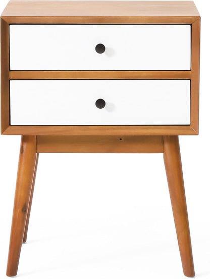 Christopher Knight Home Mid-Century Nightstand, Acacia Wood Nightstand Side Table, Accent Bedside End Table with Solid Wood Legs for Bedroom, Dorm and Small Spaces,White + Natural Oak