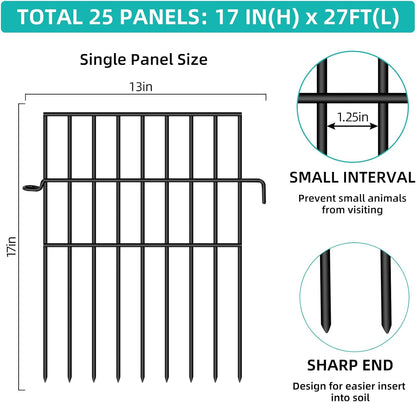 Animal Barrier Fence, 25 Panels No Dig Fences, 17in(H) X 27ft(L) Garden Fence Animal Barrier for Rabbits and Dog Under Fence Barrier, Rustproof Metal Fences Border for Outdoor, Yard, Patio