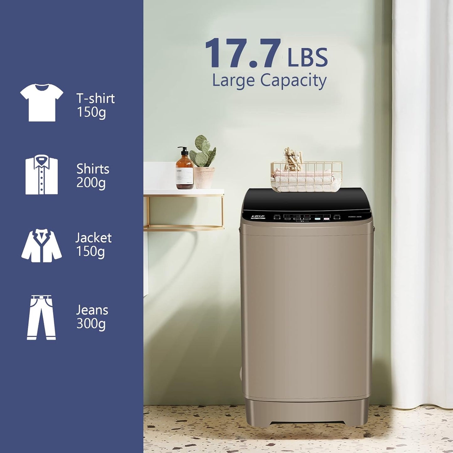 Full Automatic Washing Machine with LED Display, 17.7 lbs Portable Washer Drain Pump, 10 Programs & 8 Water Levels Selections, Ideal for RV, Camping, Apartment, Dorm, Gold