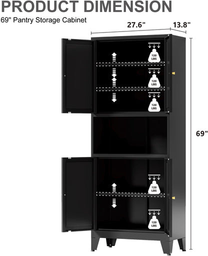 69" Tall Kitchen Pantry Cabinet, Metal Storage Cabinet with 4 Doors and Adjustbale Shelves, Freestanding Cupboards for Dining Room, Living Room, Bathroom