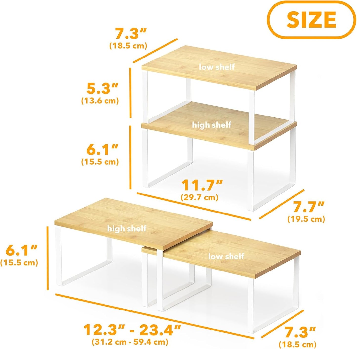 SpaceAid Cabinet Shelf Organizers 2 Pack, Kitchen Counter Rack Shelves Riser, Stackable Expandable Spice Rack, Pantry Cupboard Storage Organization (White and Natural, Short)