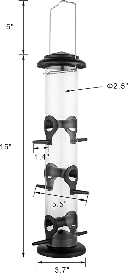 iBorn Metal Bird Feeder Hanging Wild Bird Seed Feeder for Mix Seed Blends Heavy Duty All Metal Black Finish,14 Inch 6 Port,Pack of 2