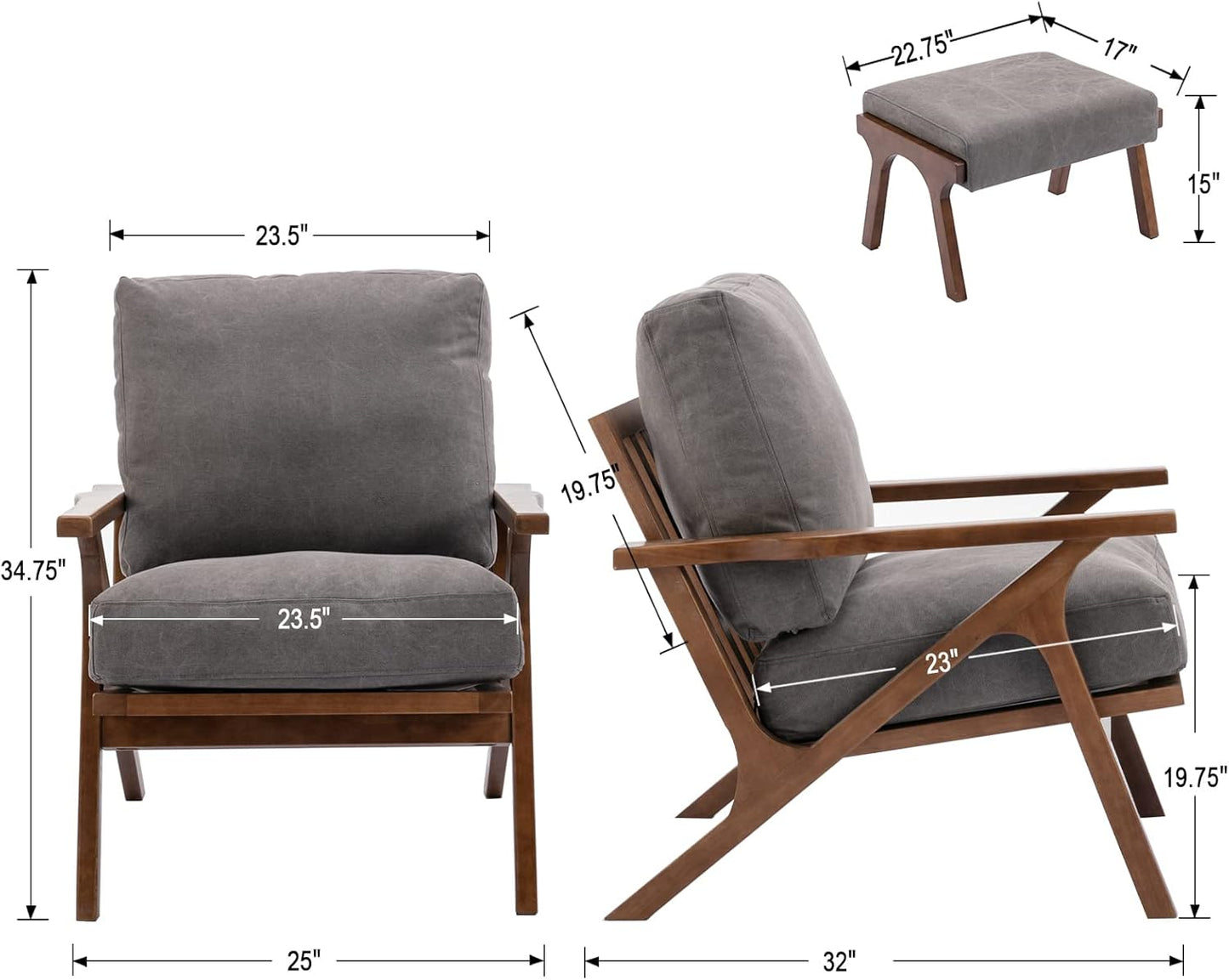 Mid Century Modern Accent Chair with ottoman, Farmhouse Linen Upholstered Living Room Armchair and Ottoman Set, 23" Seat Wide Retro Leisure Lounge Chair with Wood Frame for Home, Bedroom, Office, Grey