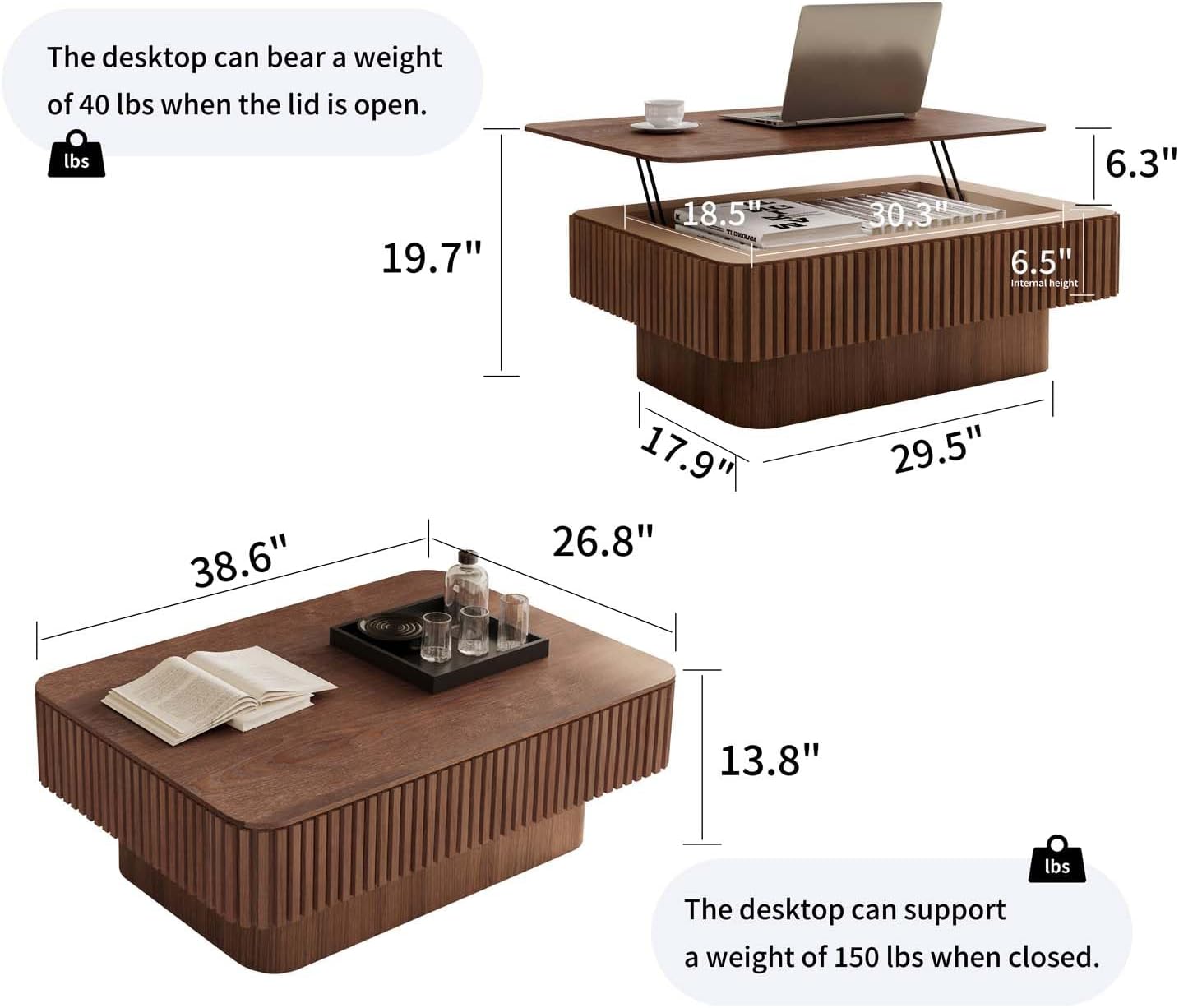 Lift Coffee Table with Storage & Adjustable Height, Solid Wood Coffee Table Fluted Center Table Accent Tea Table or Living Room, Apartment, Office (38.6" Walnut)