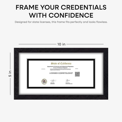 Homeforia 5x10 Business License Frame Black, High End Oak 5 x 10 Black Wood Document Certificate Frame with Mat 4x9, 10x5 Wooden Picture Frames for Wall or Tabletop, Tempered Glass, Wall Kit, Set of 1