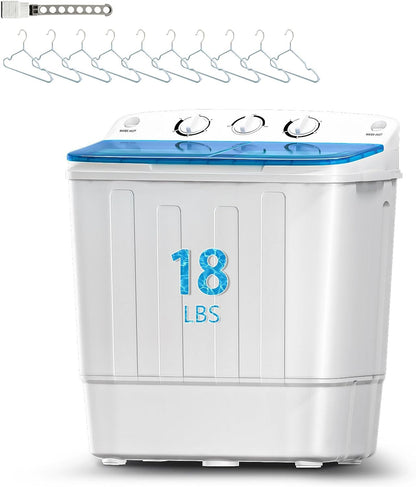 Portable Mini Twin Tub 18lbs Washing Machine With Drying Rack& 10 Hangers, 11lbs Washer & 7lbs Spinner, Small Laundry Washer with Time Control for Camping, Apartments, RV (18lbsBlue)