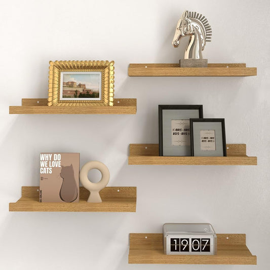 RICHER HOUSE 5 Set Floating Shelves for Wall Decor, Wall Mounted Book Shelf, Nursery Shelves Picture Ledge Shelf with Lip for Wall Storage, Bedroom, Living Room, Bathroom - Oak