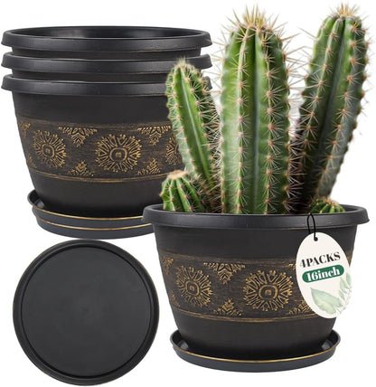 4 Pack 16 inch Plant Pots, Retro Pattern Planters with Drainage Holes and Saucer, Sturdy Plastic Garden Flower Pots for Indoor & Outdoor Plants