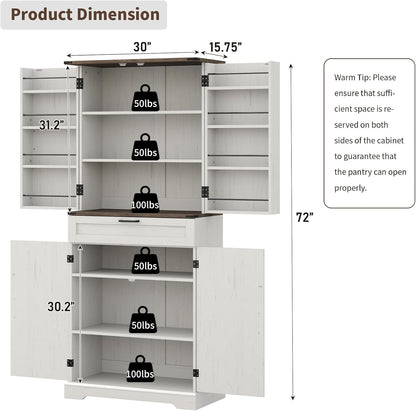 72'' Kitchen Storage Pantry Cabinet, Tall Storage Cabinet with 8 Door Shelves, 2 Cabinets and 1 Drawer, Freestanding Cupboard for Kitchen, Dining Room, Bathroom, Laundry, Off White