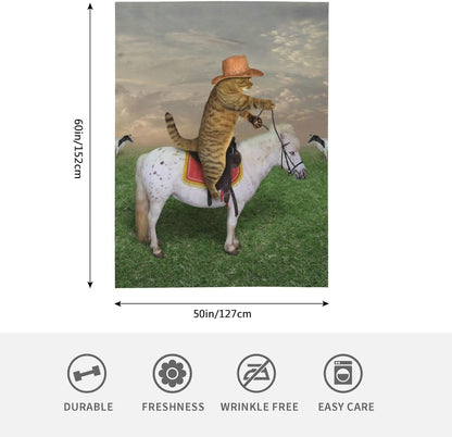 HGOD DESIGNS Funny Cat Throw Blanket Ultra Soft Warm All Season The Cat Cowboy on a Horse Decorative Fleece Blankets for Bed Chair Car Sofa Couch Bedroom 50"X60"
