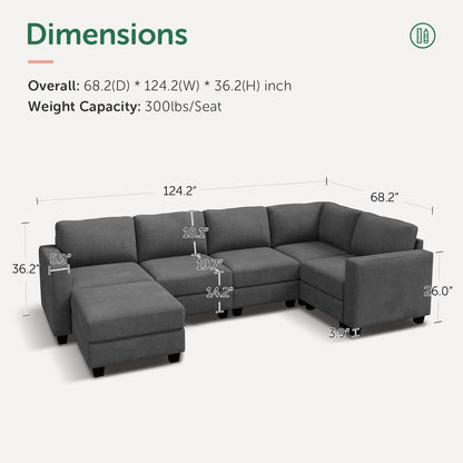 HONBAY U-Shaped Corduroy Sectional Couch with 6 Seaters Modular Sectional Sofa with Storage Sectional Couches for Living Room, Dark Gray
