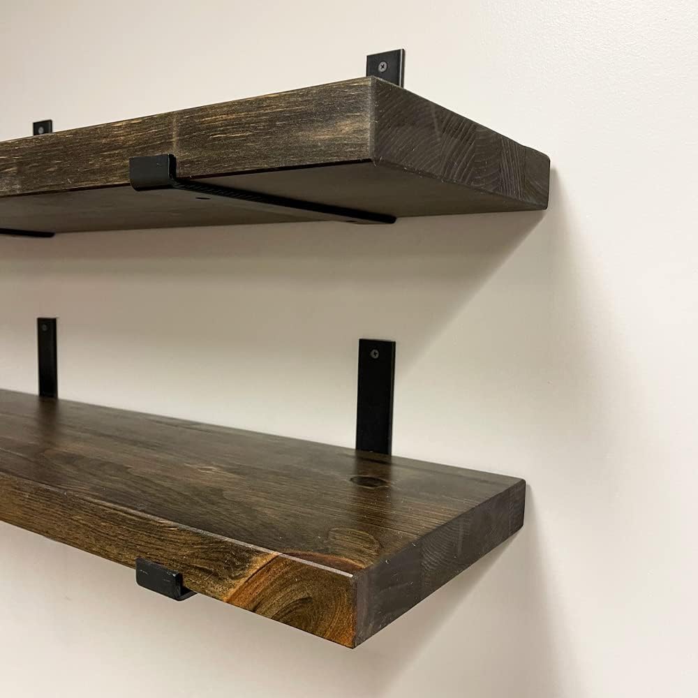 Rustic Shelves with J-Brackets Set of 2, Industrial Shelf, Kitchen Shelves, Solid Wood, Decorative Wall Storage, Heavy Duty, URBANDI (Dark Brown, 24Wx10D)