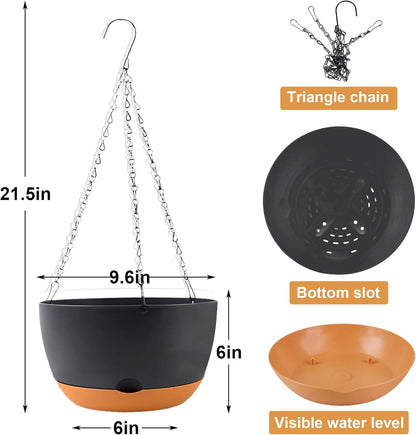 10 inch Plant Pot Hanging Planters Self Watering Pots for Indoor Plants, 3 Pack Plastic Hanging Basket with Removable Tray for Home Garden Porch Balcony Patio Decor(Black)