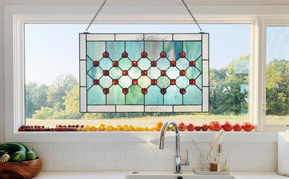 Tiffany Stained Glass 19.25" x 11.75" Window Panel, 100% Genuine Stained Glass and Cabochon, Handcrafted 73 Pieces, 9.25 by 11.75-inch, Hanging chain included, Blue/Green.