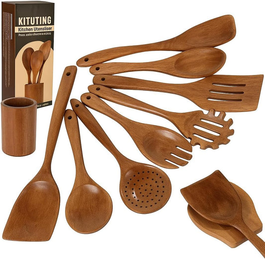 Wooden Spoons for Cooking Set of 10 - Cooking Utensils with Spoon Rest & Holder – Comfortable Grip & Easy to Clean - Wooden Spoon Set for Kitchen with four Hanging Hooks