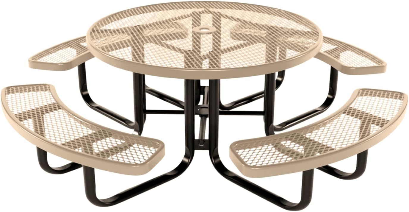 Coated Outdoor Furniture Heavy-Duty Portable Outdoor Kids Table with Umbrella Hole, Expanded Metal Kids Picnic Table, Commercial-Grade, Made in America (46 In, Round, Childrens, Tan)